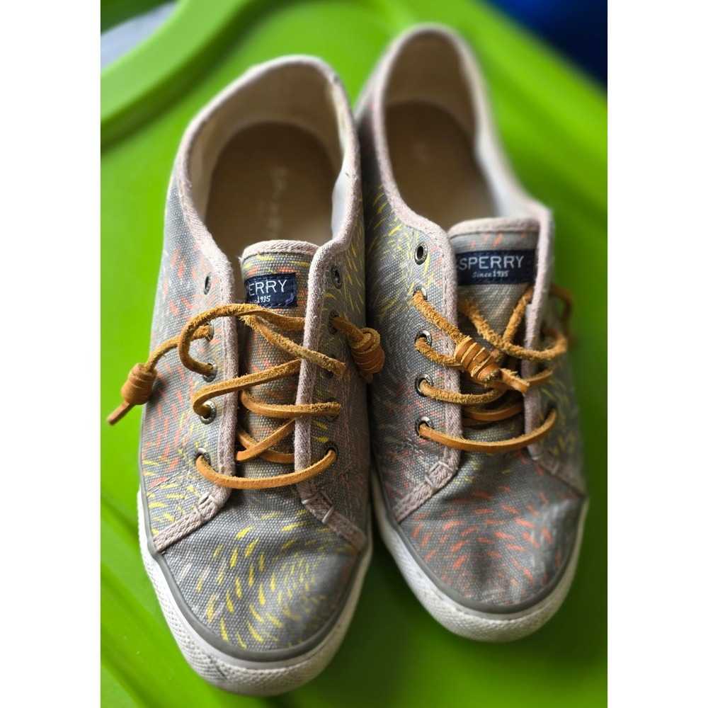 Sperry Crest Vibe Grey Yellow Dash Print Canvas Sneakers STS95425 Womens 8